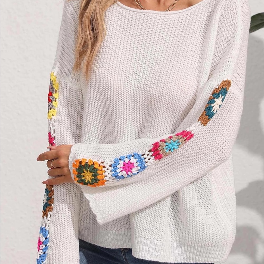 White Crochet-Sleeve Knit Sweater with Multicolor Floral Accents - Picture 4 of 5